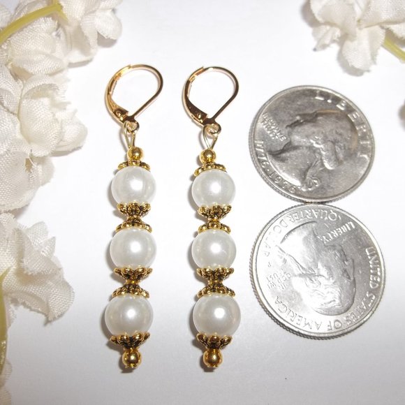 Earring, Pearl Earring, White and Gold Earring, White Earring, Earring Set 7899 - Picture 2 of 8